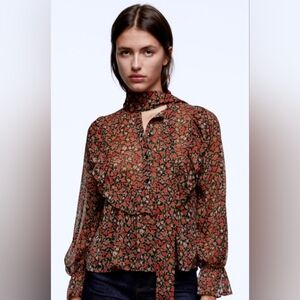 Zara Tie Neck Ruffle Floral Semi Sheer Chiffon Print Blouse Size XS